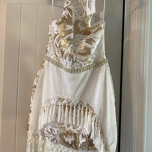 12th tribe White and Gold Embellished Halter Dress